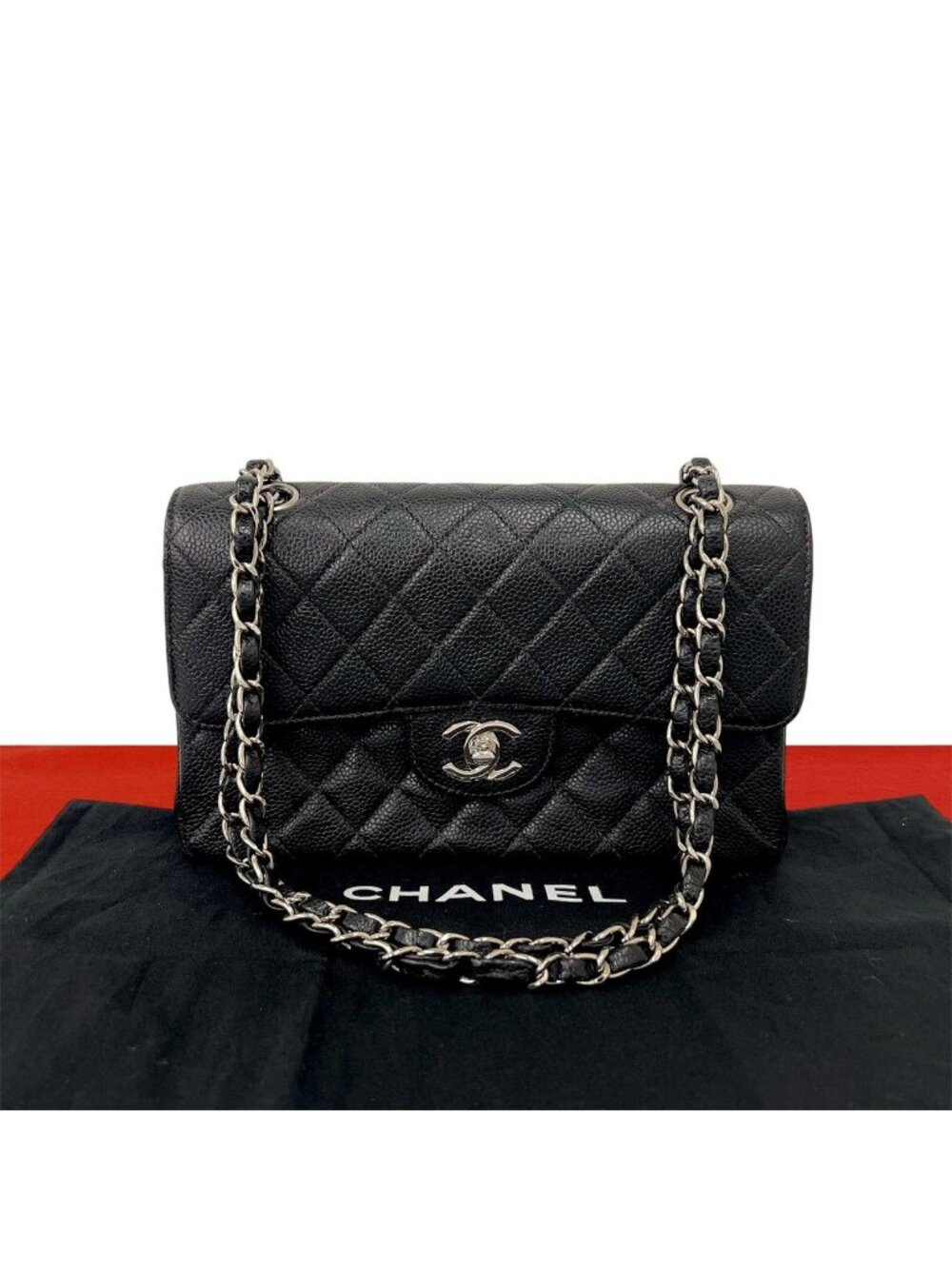 Chanel Quilted CC Logo Double Flap Caviar Leather 2-Way Shoulder Bag Black